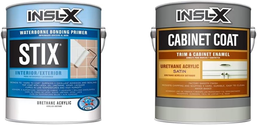 INSL-X SXA11009A-01 Stix Acrylic Waterborne Bonding Primer, 1 Gallon, White & CC550109A-01 Cabinet Coat Enamel, Satin Sheen Paint, 1 Gallon, White