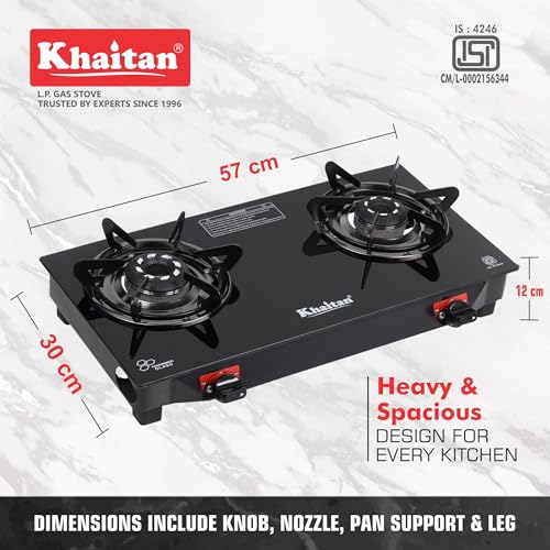 Image of Khaitan 2 Burner Selios Black Manual Gas Stove Toughened Glass, Alloy Premium Burners, ISI Marked with 1 Year Warranty.