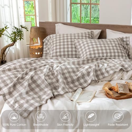 Image of MooMee Gingham Sheet Set 100% Washed Cotton Linen Like Textured Breathable Soft w /Fully Elasticized 16-19 inch Deep Pocket (Buffalo Plaid Tannish Linen Grey, Queen)