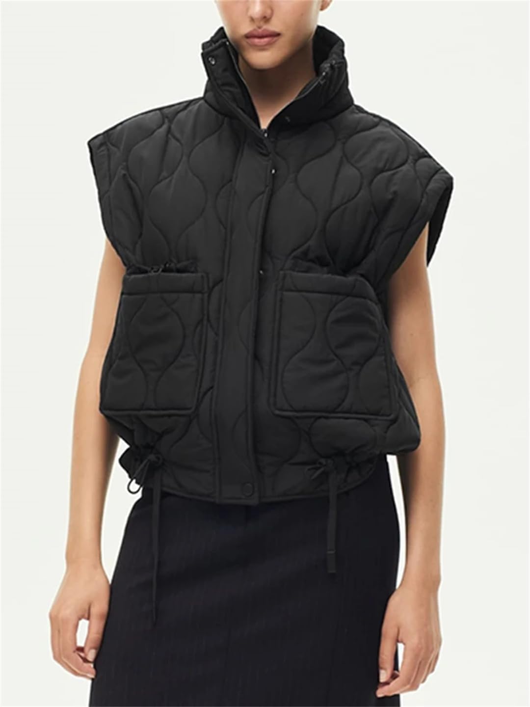 [Ornrjfll] 女性のノースリーブコットンチョッキと冬のポケット装飾シングルブレストジャケット