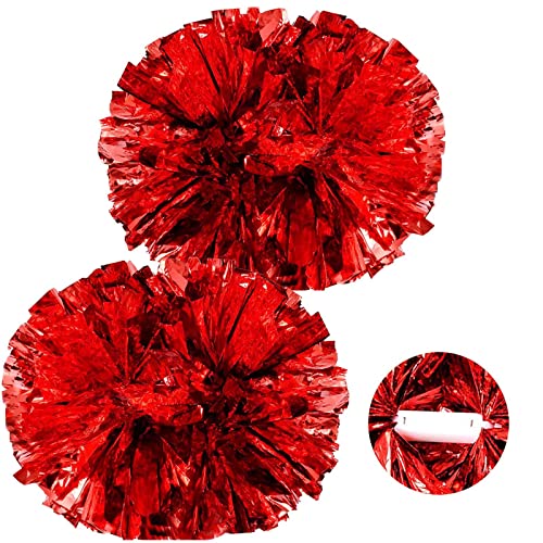 Red Cheerleading Pom Poms with Baton Handle 2 Pack for Team Spirit Sports Dance Cheering