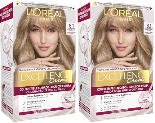 L´ORÉAL PARIS Excellence Creme Tinte Permanente - Tono 8.1 Rubio Claro Ceniza (Paquete de 2)