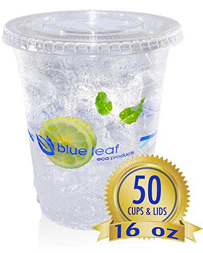 Eco Friendly Clear Cold Cups | Clear Compostable Cups - Plant Based PLA Cups | Blue Leaf Eco Products (16 oz with Lids)
