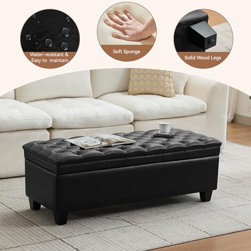 Image of WUTUTUEE 50 inch Faux Leather Storage Ottoman Bench, End of Bed Upholstered Rectangle Storage Ottoman Tufted Living Room Bedroom Bench with Safety Hinge, Solid Wood Legs, Loads 500 lb(Black)