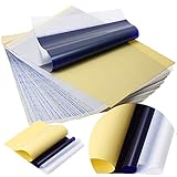 PAPEL DE TRANSFERENCIA DE 4 CAPAS: el papel de transferencia de plantilla térmica es de 4 capas: hoja maestra blanca de capa 1 a la que se aplica el diseño; Tejido protector semitransparente de capa 2 que se eliminará antes de su uso; Capa 3 página de carbono azul marino; Capa 4 hoja de respaldo amarilla.