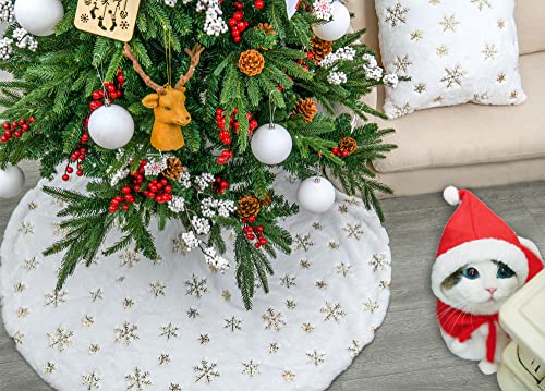 Faux Fur Christmas Tree Skirt,48 Inches Large Luxury Tree Skirt With Gold Snowflake Sequin, Christmas Decorations Holiday Thick Plush Tree Xmas Ornaments（White And Gold,48 Inch） #TOP5