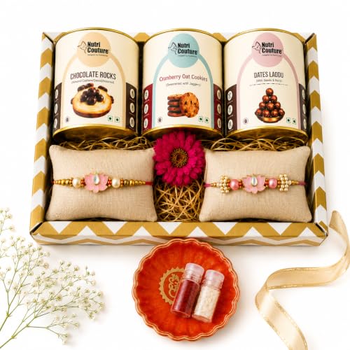 Image of Nutri Couture Healthy Rakhi Gift Box | Chocolate Rocks, Cranberry Oat Cookies, Dates Laddu, 2 Designer Rakhis, Tilak Plate, Roli & Chawal | Rakhi Design May Vary