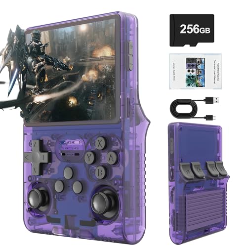R40S PRO Retro Gaming Console, 30000+ HD Games Handheld Game Console, 3800mAh Rechargeable Mini Retro Video Console with 256GB TF Card, Portable Pocket Arcade (Transparent Purple)