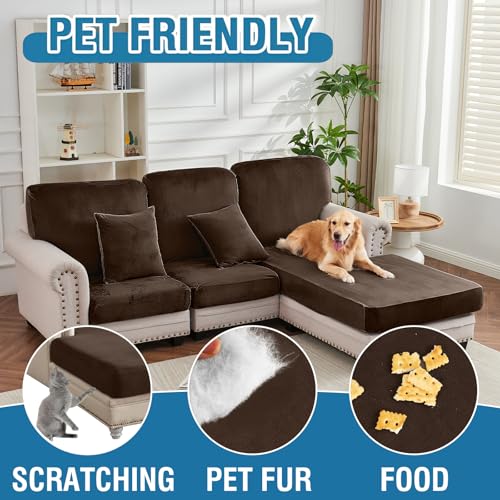 Image of Stretch Silver Fox Velvet Sectional Couch Covers - 3-Piece Sofa Cushion Covers for Left /Right L-Shaped Chaise, Soft and Comfortable Slipcovers for Sectional Sofa(2 Seater + 1 Chaise,Coffee)