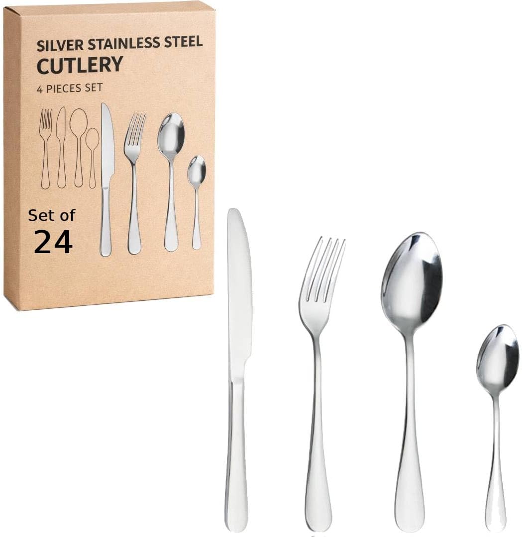 Silver Spoon Set Premium Stainless Steel Flatware Set Mirror Polished Cutlery Utensil Set Durable Home Kitchen Eating Tableware Set,Include Fork Knife Spoon Set (Silver Spoon 24)