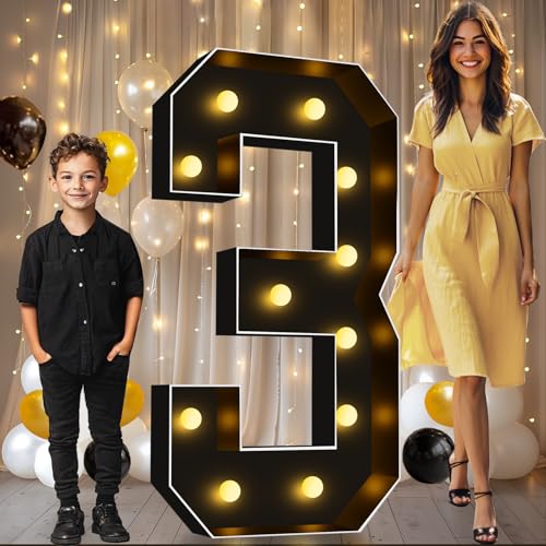 Image of Pooqla 4FT Marquee Light Up Numbers 3 for 3rd 30th Birthday Decorations | Black LED Marquee Numbers Party Backdrop, 4 Feet Large Mosaic Numbers 3th 13th 30th Anniversary Birthday Gift for Boys Men