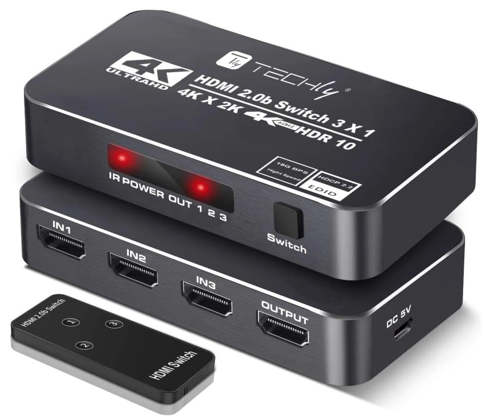 Techly 367171 - Conmutador HDMI 2.0b 3 in 1out 4K HDR HDCP2.2 con Mando a Distancia Negro