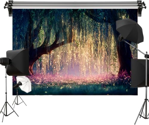 Fairy Willow Tree Forest Polyester Backdrop for Photography, Enchanted Hanging Lights and Sparkling Flowers, Magical Fantasy Woodland Background for Birthday Party Decor 7x5ft