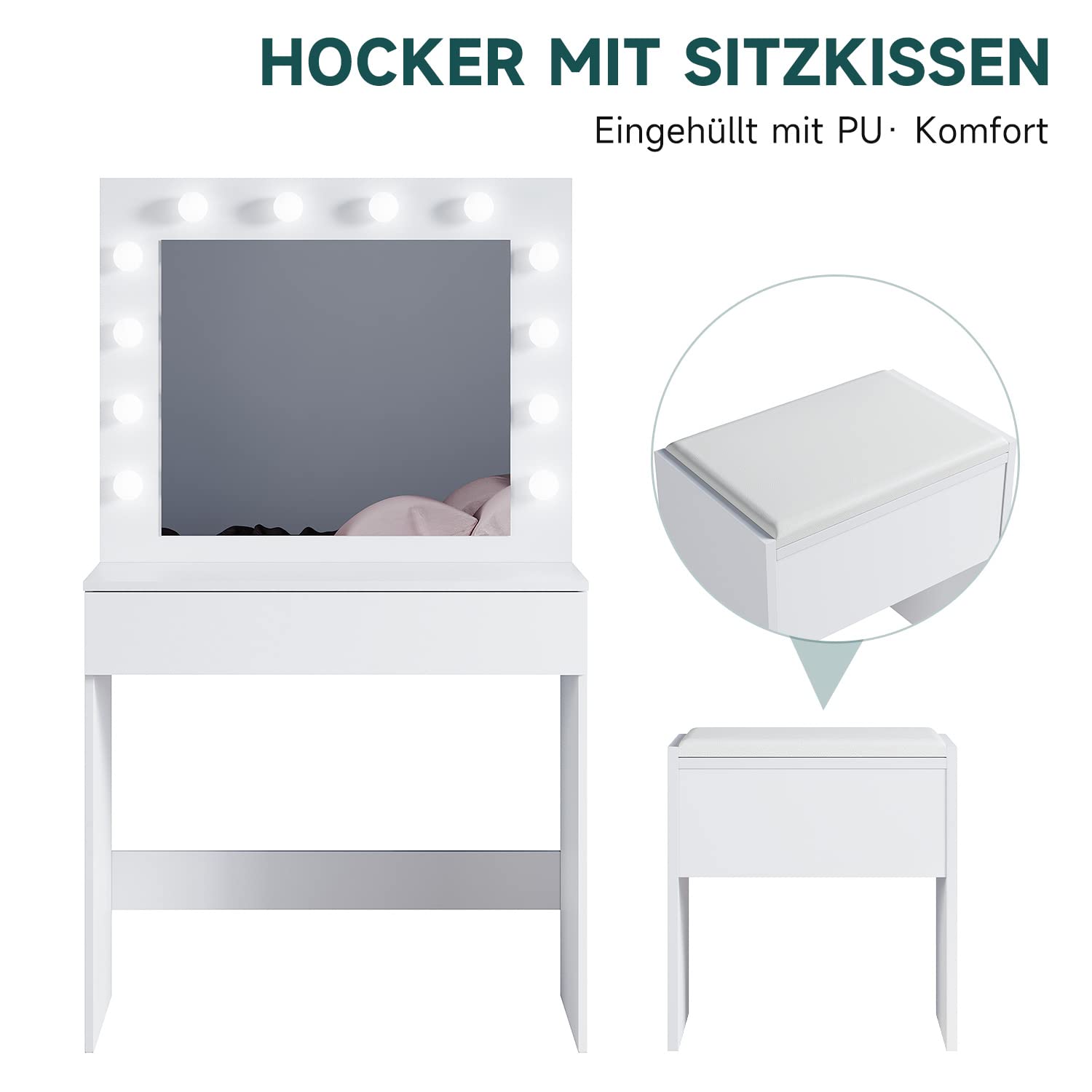 SONNI Schminktisch mit Hocker, Spiegel, Schubladen, Weiß, 80x40x140cm