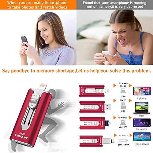 Chiavetta USB Memoria per iPhone Tipo C Memory Stick USB C Pendrive OTG Android Photo Safe V-START USB Flash Drive per iPhone Android Samsung Huawei PC 32GB Rosso