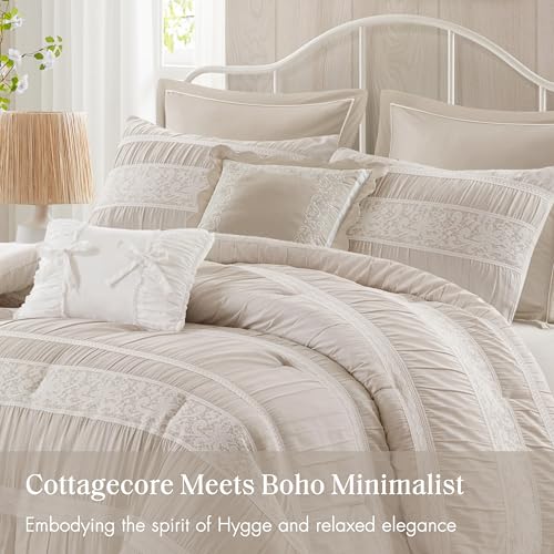 Image of Madison Park 5-Piece Farmhouse Comforter Set with Ruching & Lace Trim, Soft Chambray Bedding, Includes Comforter and 2 Decorative Pillows, King, Neutral