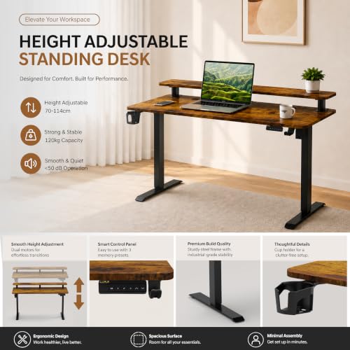 Image of DrLuxur Zenith Momentum Electric Standing Desk 140x60cm | Monitor Riser | One-Piece 15mm Tabletop | Height Adjustable 70-114cm | 3 Memory Presets | BIS Certified | Child Lock | 5 Year Warranty (RUST)