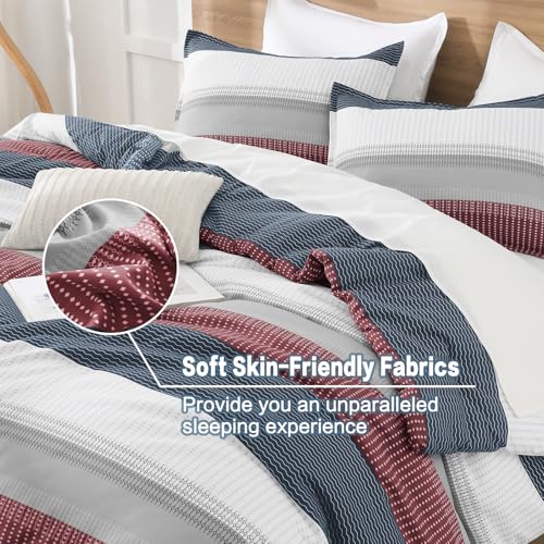 Litanika Comforter Set California King Size Red Blue - 3 Pieces Lightweight Colorblock Stripe Fluffy Bedding Comforter Sets, All Season Bed Set