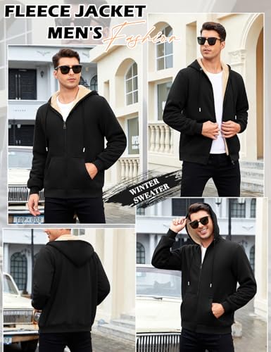 TOMEEK Men's Zip-Up Fleece Hoodie, Sherpa Lined, Black, XXL - Image 2