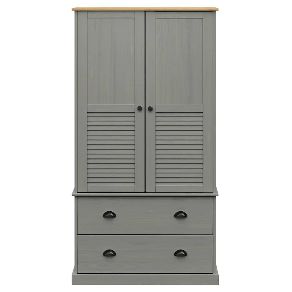 VIGO - Penderie en pin massif - Gris - 90 x 55 x 170 cm - Avec tringle à vêtements et tiroirs - Armoire moderne à portes coulissantes - Pour chambre à coucher et dressing