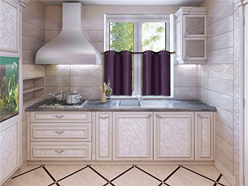 Elegant Home 2 Panels Tiers Grommets Small Window Treatment Curtain Faux Silk Semi Sheer Drape Short Panel 28' W X 36' L Each for Kitchen Bathroom or Any Small Window # N25 (Purple/Plum)