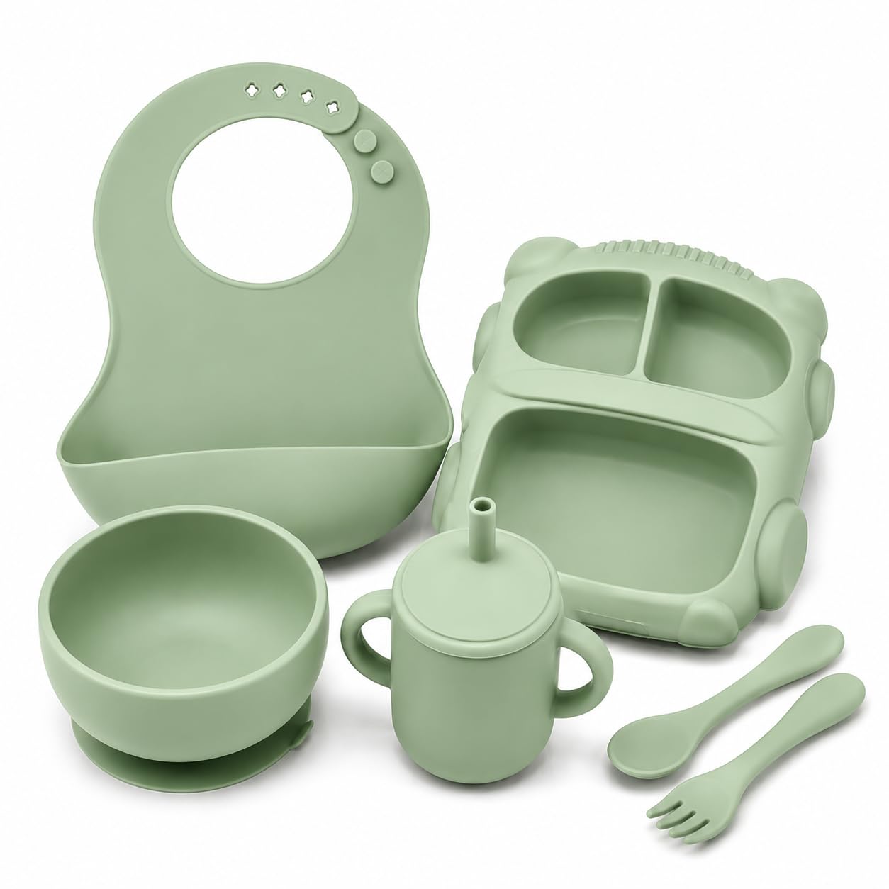 Silicone Baby Feeding Set with Suction Bowl, Plate, Bib, Spoon, Fork & Training Cup | Baby Weaning Feeding Set | Green-image-26
