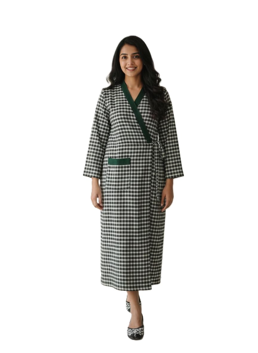 BABY DOLL Thick Cots Wool Robe for Winter, Full Length Housecoat, Sleepwear, Night Gown for Women Ladies, Front Open Adjustable (Green, Large)-picture-44