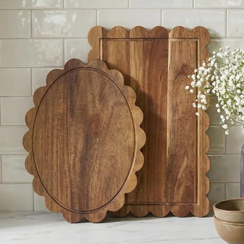 2 Pcs Acacia Wood Scalloped Cutting Boards Set, Wooden Decorative Cutting Boards for Cottagecore Kitchen Decor Charcuterie Board Cheese Meat Fruit Pizza Bread Baking Chopping Blocks