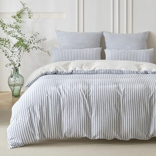 SOULFUL Housse de Couette 240x260 Coton avec 2 Taies d'oreiller 65x65 cm - 100% Coton Lavé - Design Bohème Jacquard Rayures - Bleu Denim Parure de Lit 2...