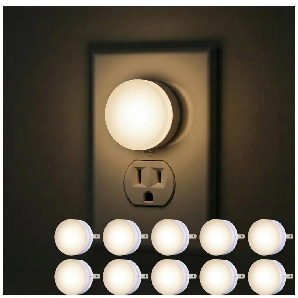 Plug In Night Light Bedroom Decor Apartment Essentials LED Lights Ambient Lighting Dusk to Dawn Sensor Nightlight Bathroom, 10 pack