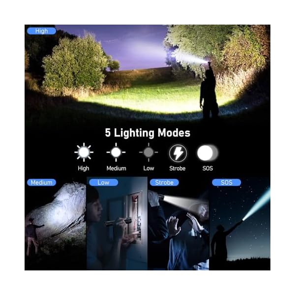 Blukar LED Taschenlampe Aufladbar, Extrem Helle Zoombares Taschenlampen mit 5 Lichtmodi und Langer Betriebsdauer, IPX6 Wasserdichte Handlampe für Camping, Wandern, Angeln, Notfäll [2 Stück]-Schwarz – Bild 5