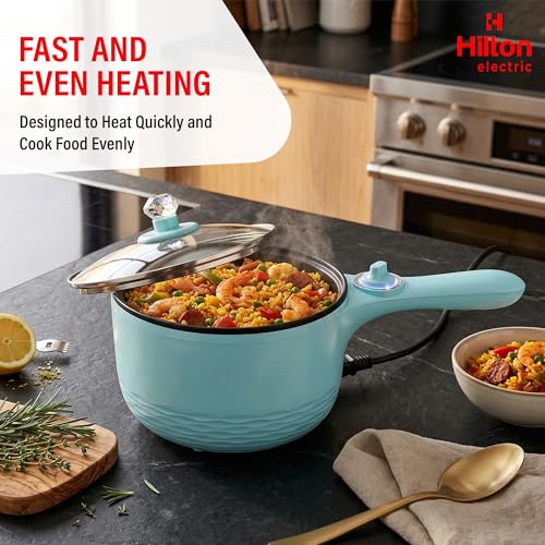 Image of Hilton Electric Pan Upgraded, Non-Stick Saute Pan, 1L Mini Electric Pot for Maggie, Cheese, Stir Fry, Roast, Steam with Power Adjustment, Perfect for Rice, Ramen, Steak, Egg Travell (Blue)