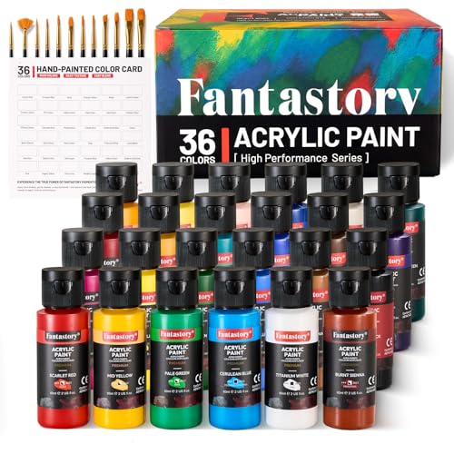 Fantastory Acrylic paint set with 36x60ml and 12 brushes water-resistant non-fading and non-toxic paints suitable for canvas wood ceramics