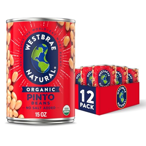 WESTBRAE Organic Pinto Beans, No Salt Added, Source of Plant Based Protein and Fiber, Low Fat, Gluten Free, 15 oz (Pack of 12)