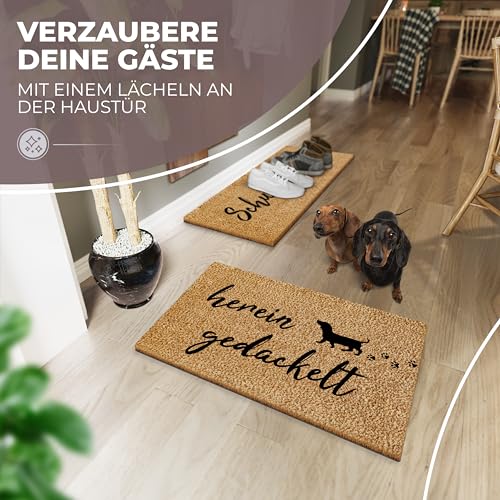ElbFuchs Fußmatte Kokos 60x40cm Hereingedackelte I Extra langlebige & rutschfeste Kokosmatte für Innen & Überdachte Außenbereiche I Lustige Türmatte mit Dackel Motiv I Ideal als Schmutzfang