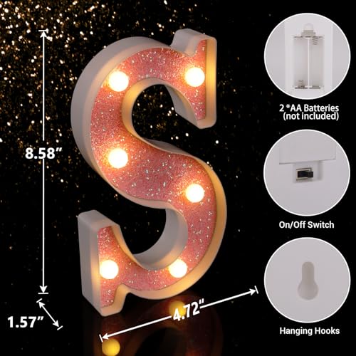Image of LED Letter Lights Pink Glitter Marquee Letters Light Up Alphabet Letters Sign Battery Powered for Home Party Decoration Night Bar Wedding Birthday Christmas Lamp Girls Gift - Letter S