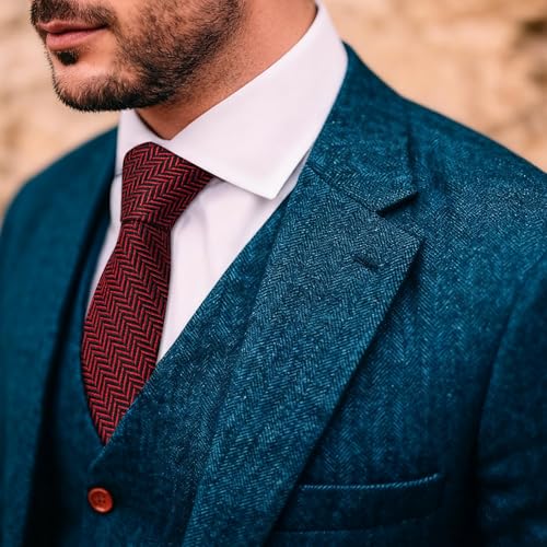 Image of Barry.Wang Skinny Ties for Men Wool Blend Herringbone Necktie with Tie Clip | Tie and Tie Clip Set, Cashmere Wool Stripe, 2.76 x 63 Inches, Extra Long Slim, Wedding Work Party Classic