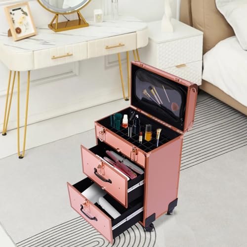 Image of Professional Rolling Makeup Train Case, Cosmetic Trolley with 360Swivel Wheels Keys, Large Storage Traveling Cart Trunk for Nail Technicians Hairstylist Mobile Stylists (Rose Gold)