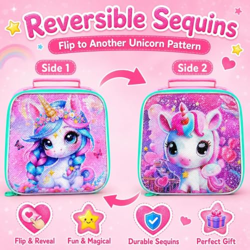 Image of CCJPX 16 inch Unicorn Backpack for Girls, 3Pcs Sequin Bookbag with Lunch Box, Lightweight Toddler School Bag for Elementary Kindergarten Preschool (Pink)