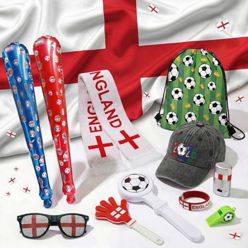 12 Pcs England Fan Cheering Kit – 2026 Soccer Supporter Gear Set with England Flag, Flag Glasses, Whistle, 2 Clappers, Wristband, Face Paint, Scarf, Hat, 2 Inflatable Sticks & Soccer Drawstring Bag