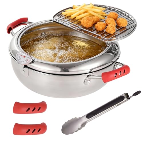 Premium Stainless Steel Deep Fryer Pot Set with Tongs and Handle Covers - Japanese Tempura Pot with Temperature Control and Drip Drain Rack, 9.8 x 5.9 inches for Fries and Chicken
