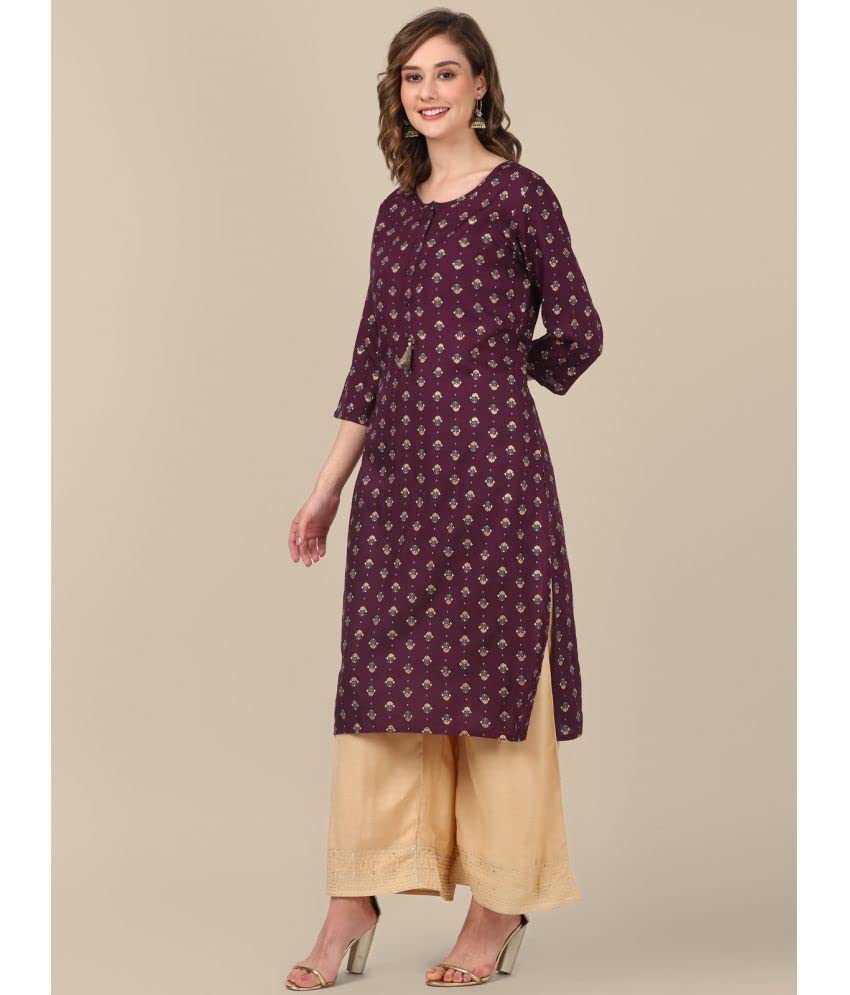 Image of rangita Mauve Rayon Calf Length Printed Straight Kurti for Women | Kurta for Women