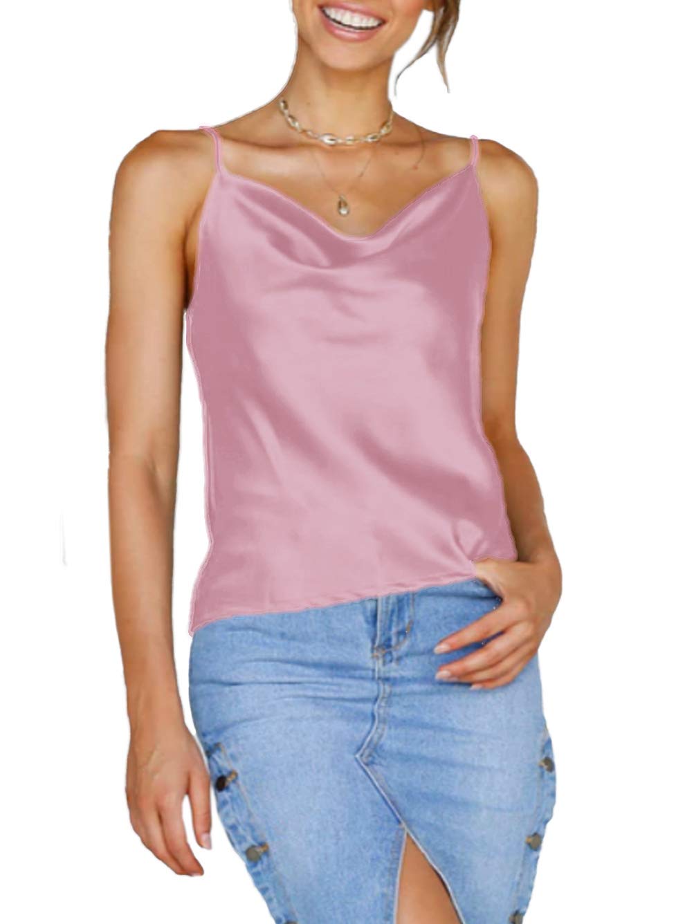 Women's Cowl Neck Satin Camisole Tank Top - Purple, Spaghetti Strap, Sleeveless & Backless
