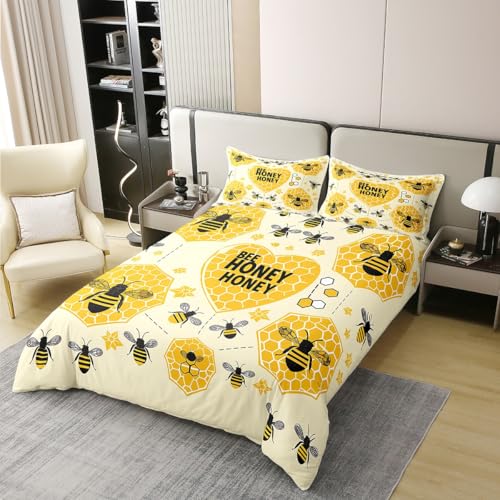 Honey Bee Full Size Cotton Duvet Cover,Rustic Garden Animal Flowers Graffiti Quilt Cover(No Filler),Gemetric Yellow Honeycomb Comforter Cover for Kids Adults Bedroom