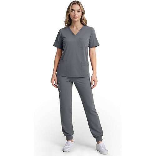 Scrubs for Women Set, Stretchy V-Neck Top & Jogger Pants with Multi-Pocket Yoga Waistband