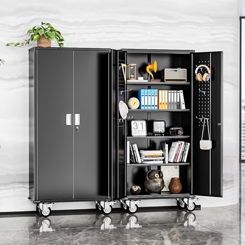 Image of INTERGREAT Rolling Metal Cabinet with Wheels, 72 inch H Rolling Metal Cabinets with Pegboard, 18 inch D x 36 inch W Large Capacity Pulley Cabinet with Adjustable Shelves for Home Office, School, Garage(Black)