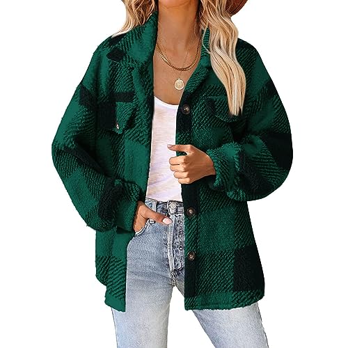 Plaid Shacket Women Fall Winter Flannel Shirt Button Down Fleece Jacket Long Sleeve Warm Coat With Pockets2