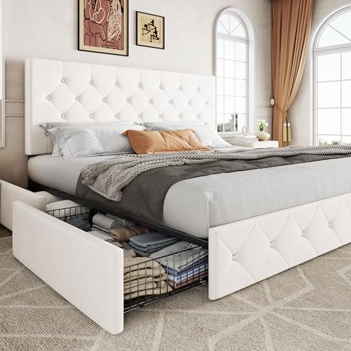 Image of Allewie Upholstered King Size Platform Bed Frame with 4 Storage Drawers and Adjustable Headboard, Diamond Button Tufted, Wooden Slats Support, Noise-Free, No Box Spring Needed, Easy Assembly, White