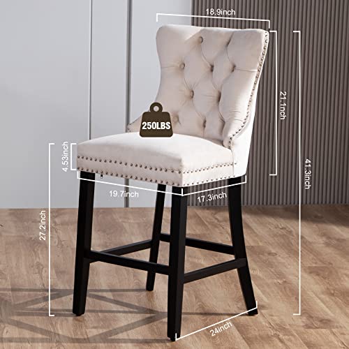 Nopurs Bar Stools Set Of 4 - Velvet Barstools, Tufted Counter Height Bar Stools For Kitchen Counter, Nailhead Trim Bar Chairs, Wood Legs, High Back, Soft Seat, Morden Island Chairs, 27.2Inch Beige #TOP6