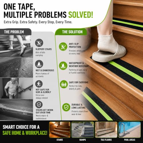 Image of YORWE Anti Slip Stair Tape with Glow in the Dark Strip - Heavy Duty Waterproof Non Slip Traction Tape for Stairs, Steps, Outdoor & Indoor Safety (Black and Green, 15 Meter)